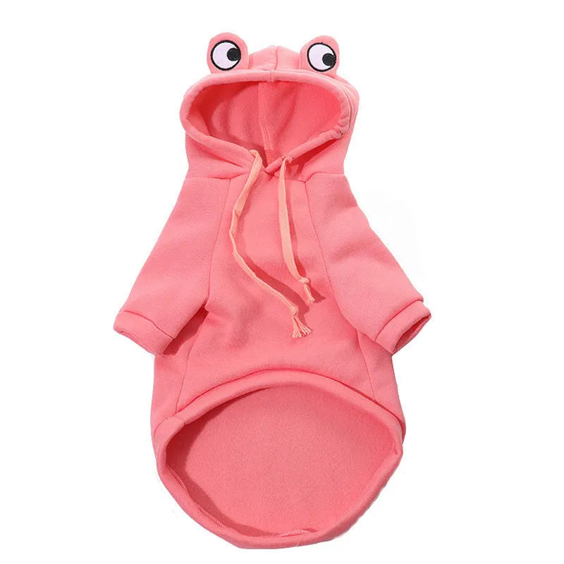 Green frog pattern hoodie costume on a small dog, showing hood and four-legs design.