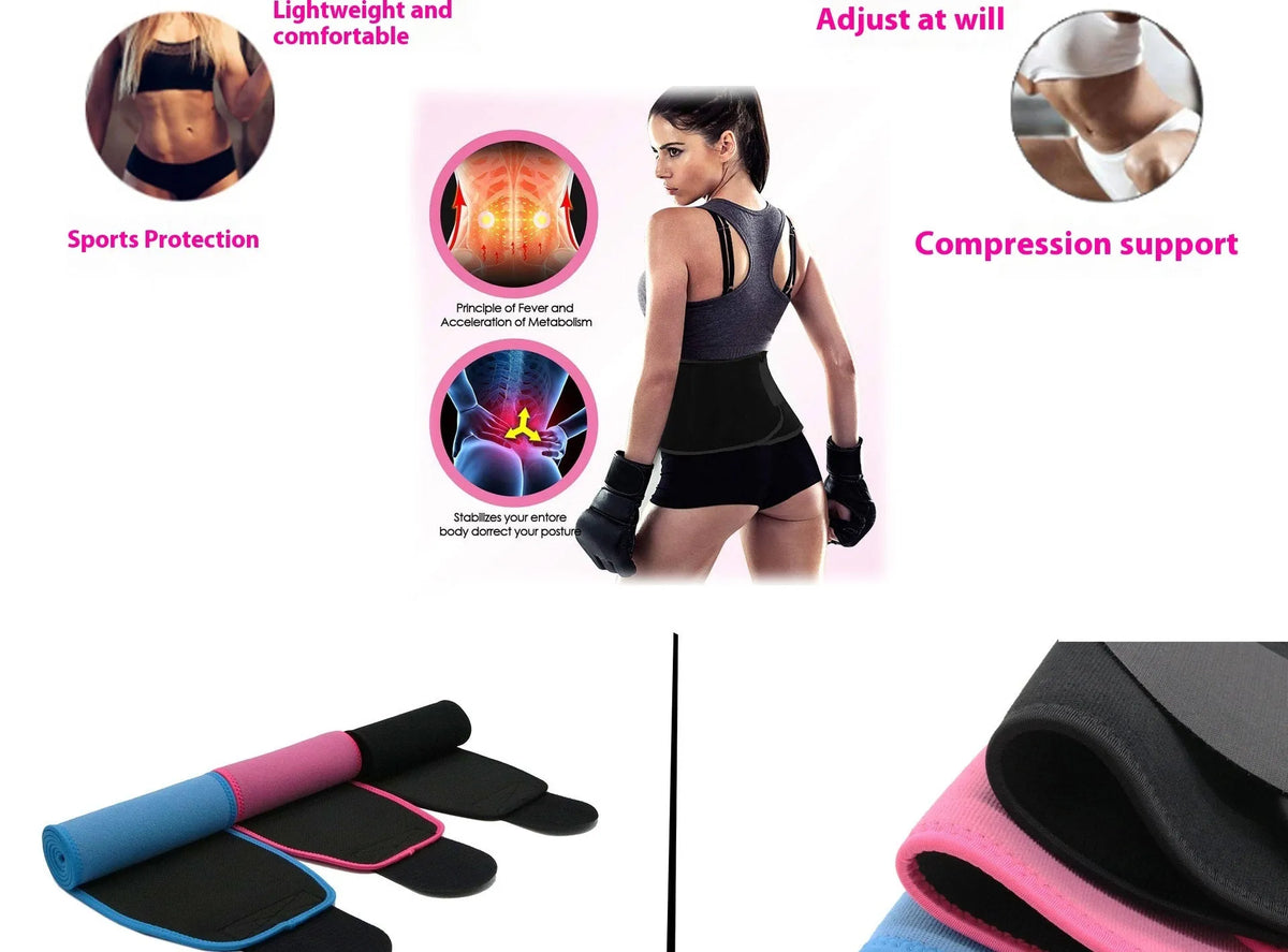 Neoprene lumbar support belt for fitness and running in black, blue, and pink colours