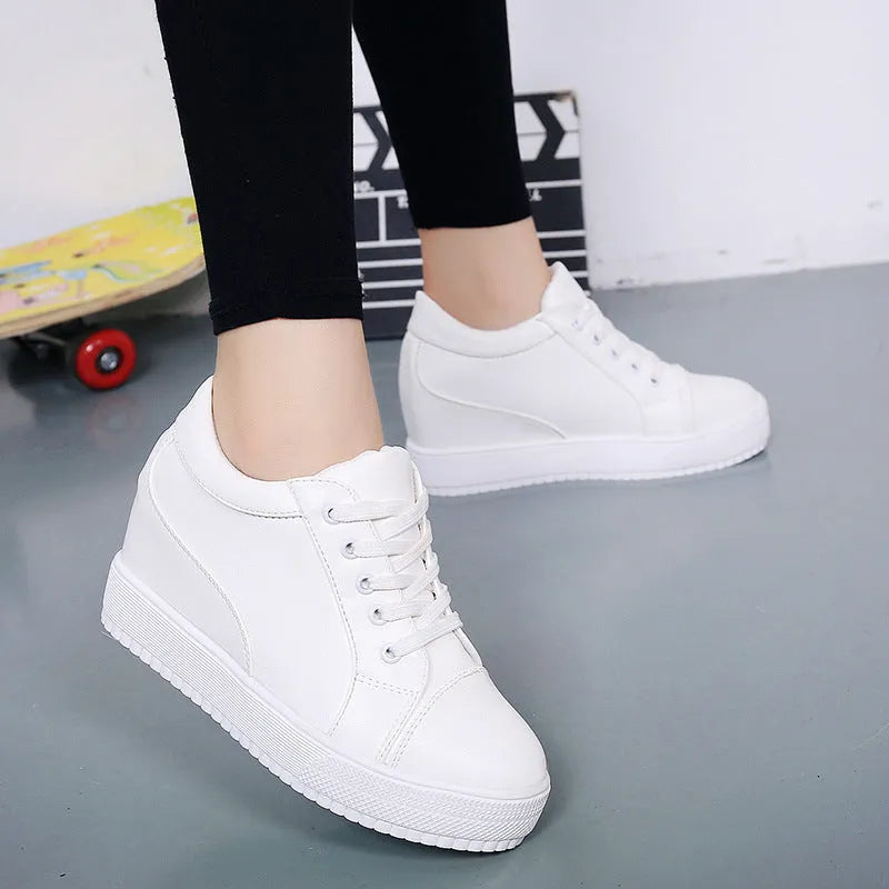 Women's inner height increase platform shoes, PU upper, rubber sole, black or white, sizes 34-40