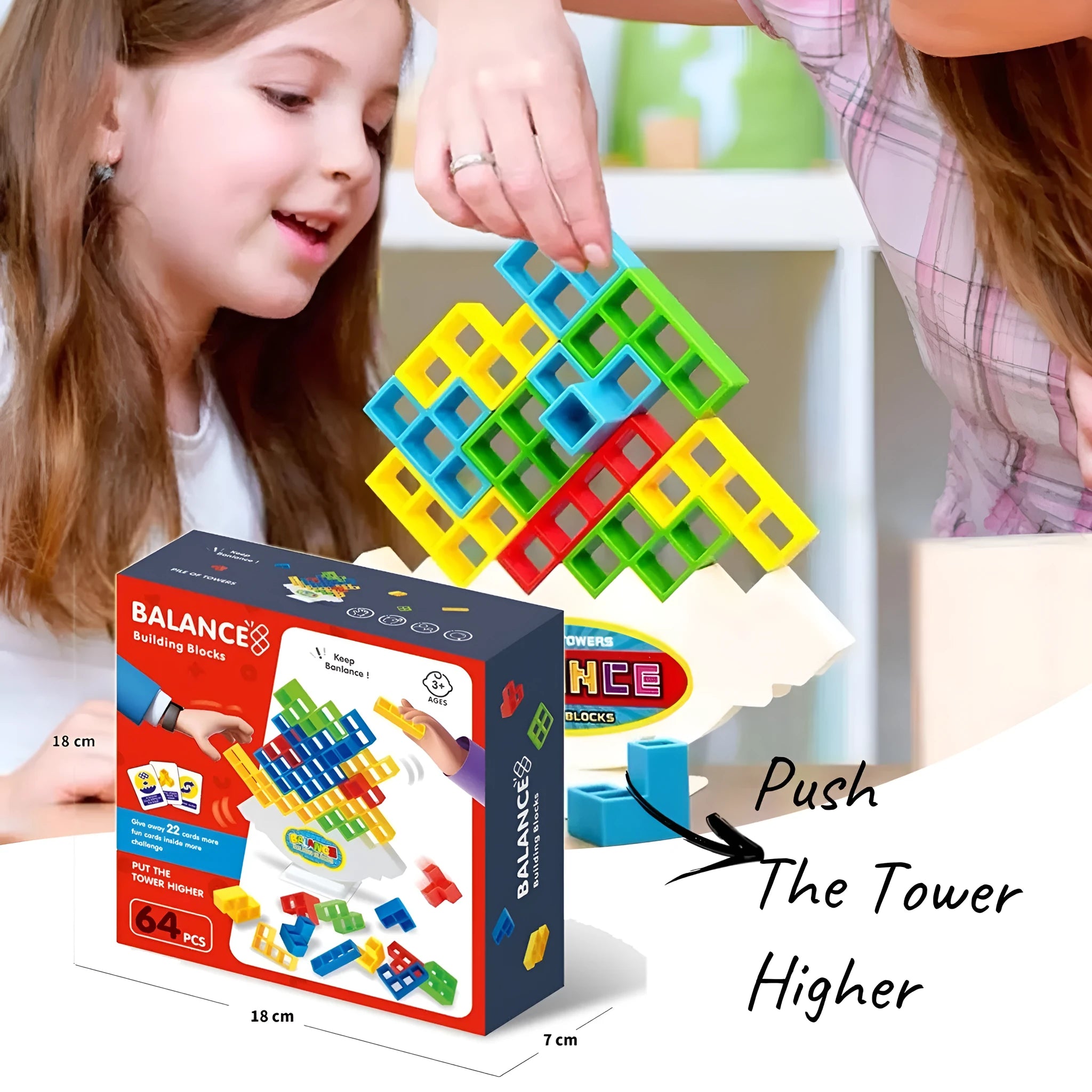 Plastic balance stacking game with 16 colourful blocks and chassis for family play