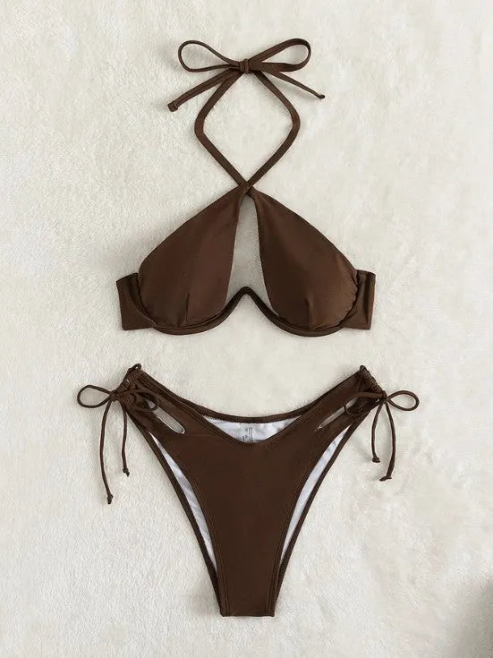 Brown women's halter bikini swimsuit with briefs on a white background