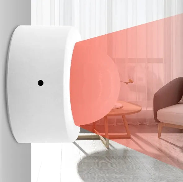 Compact white wireless infrared motion sensor for home automation with ZigBee 3.0 connectivity.