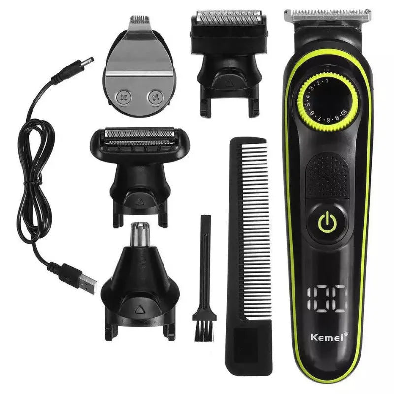 Black rechargeable electric hair clipper set with USB charging cable and cleaning brush