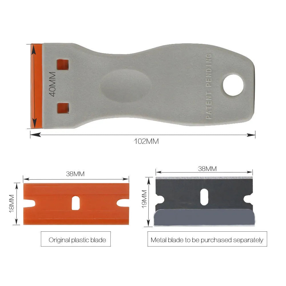 Car film glue removal scraper with stainless steel 40mm blade and grey plastic handle on white background