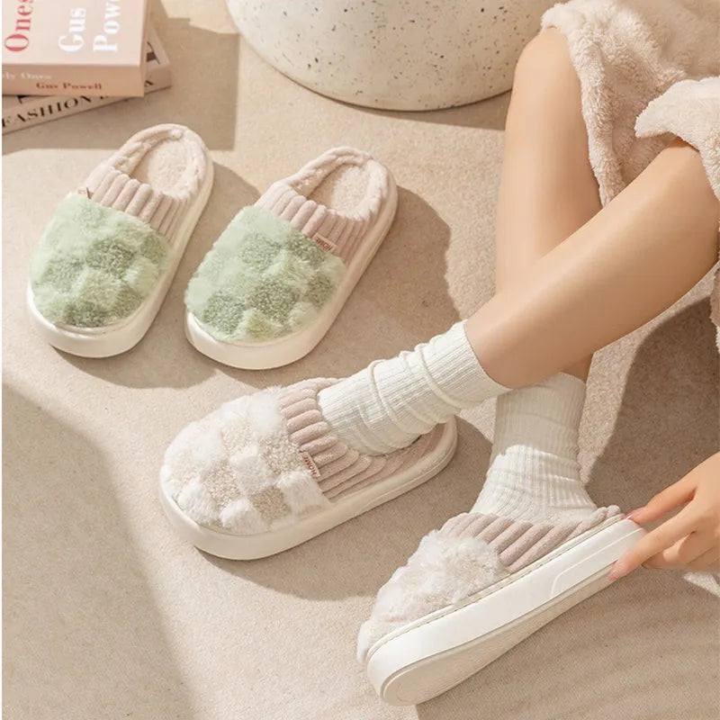 Women's plaid pattern plush indoor slippers with coral velvet upper and grey non-slip PVC sole