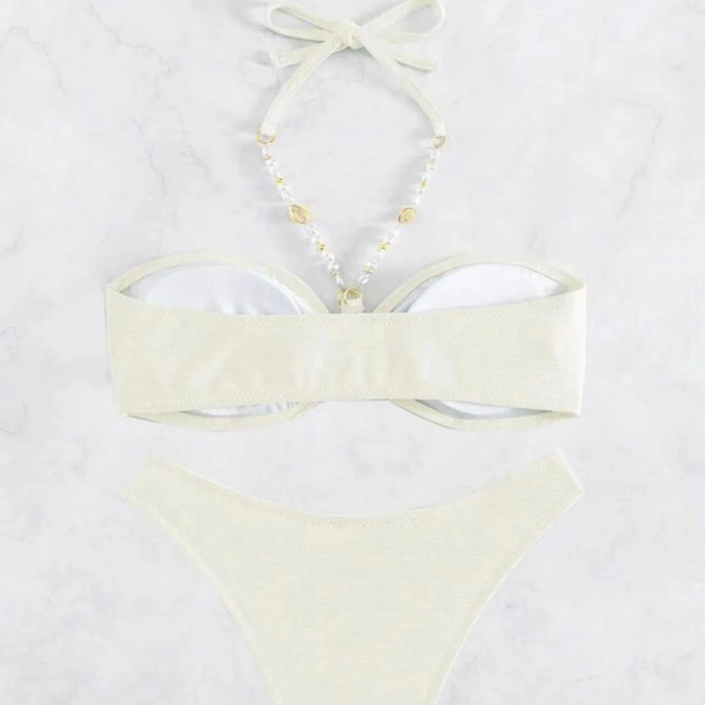 Women's halter neck bikini set in solid colour for swimming and beach wear
