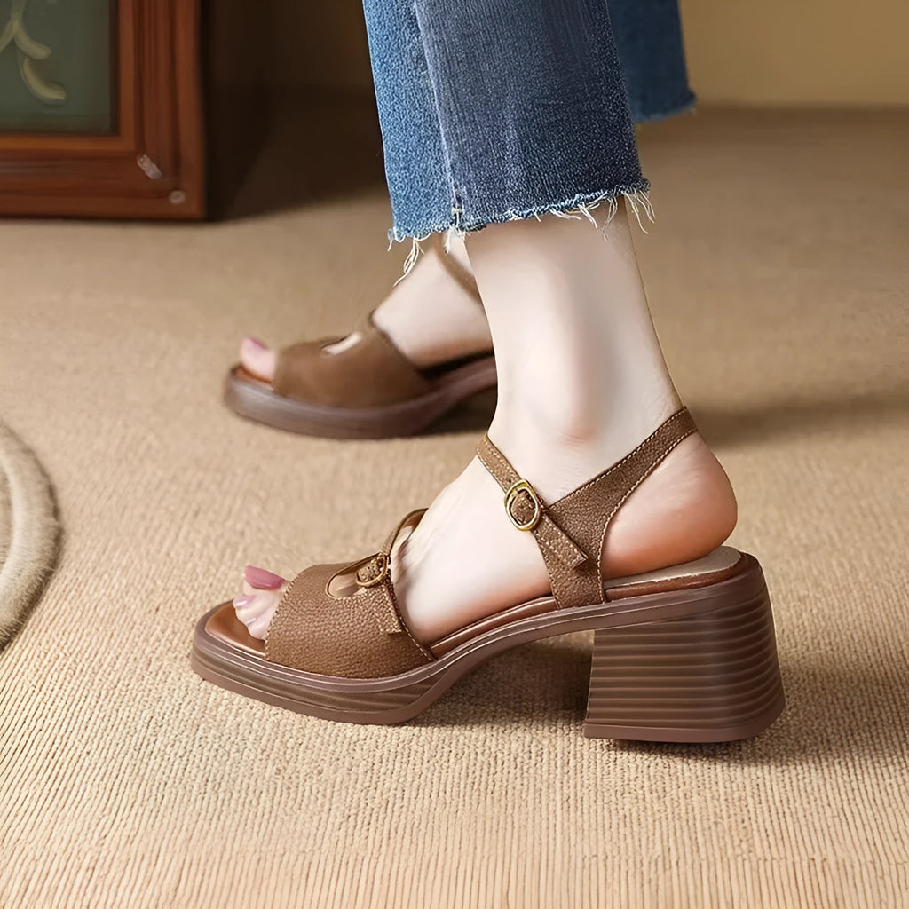 Women's retro platform sandals with square toe open design in brown colour