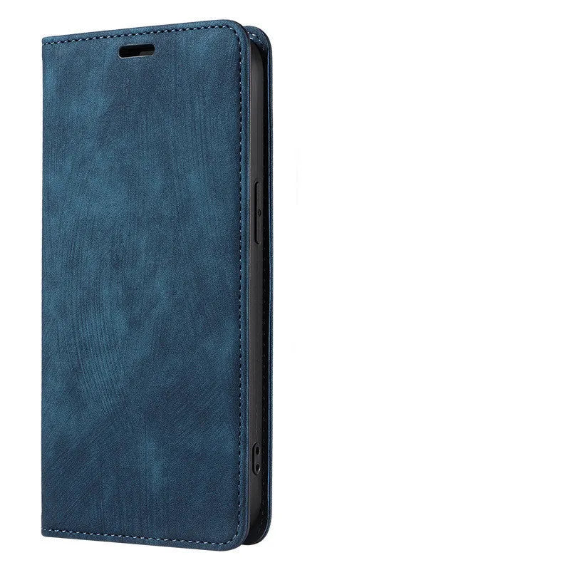 Magnetic flip leather phone case for iPhone in black, showing closed cover with magnetic clasp.