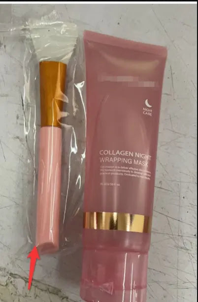 75ml bottle of collagen overnight face mask with application brush on a blue background.
