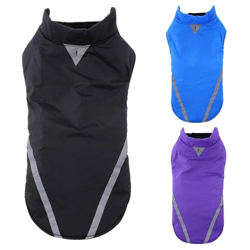 Two-legged cotton dog jacket in black, blue, or purple, sizes S to 2XL with size chart for length, bust, and neck