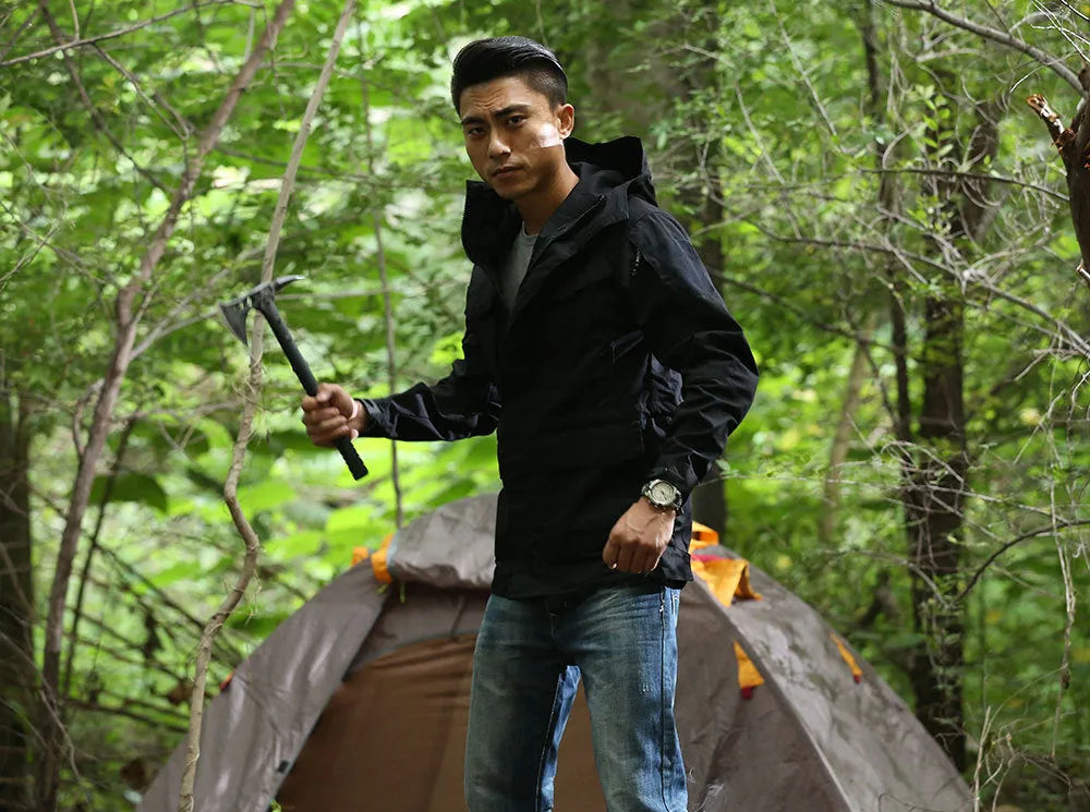 M65 UK US army style hooded field jacket in cotton blend, black camouflage or khaki, sizes S to XXL