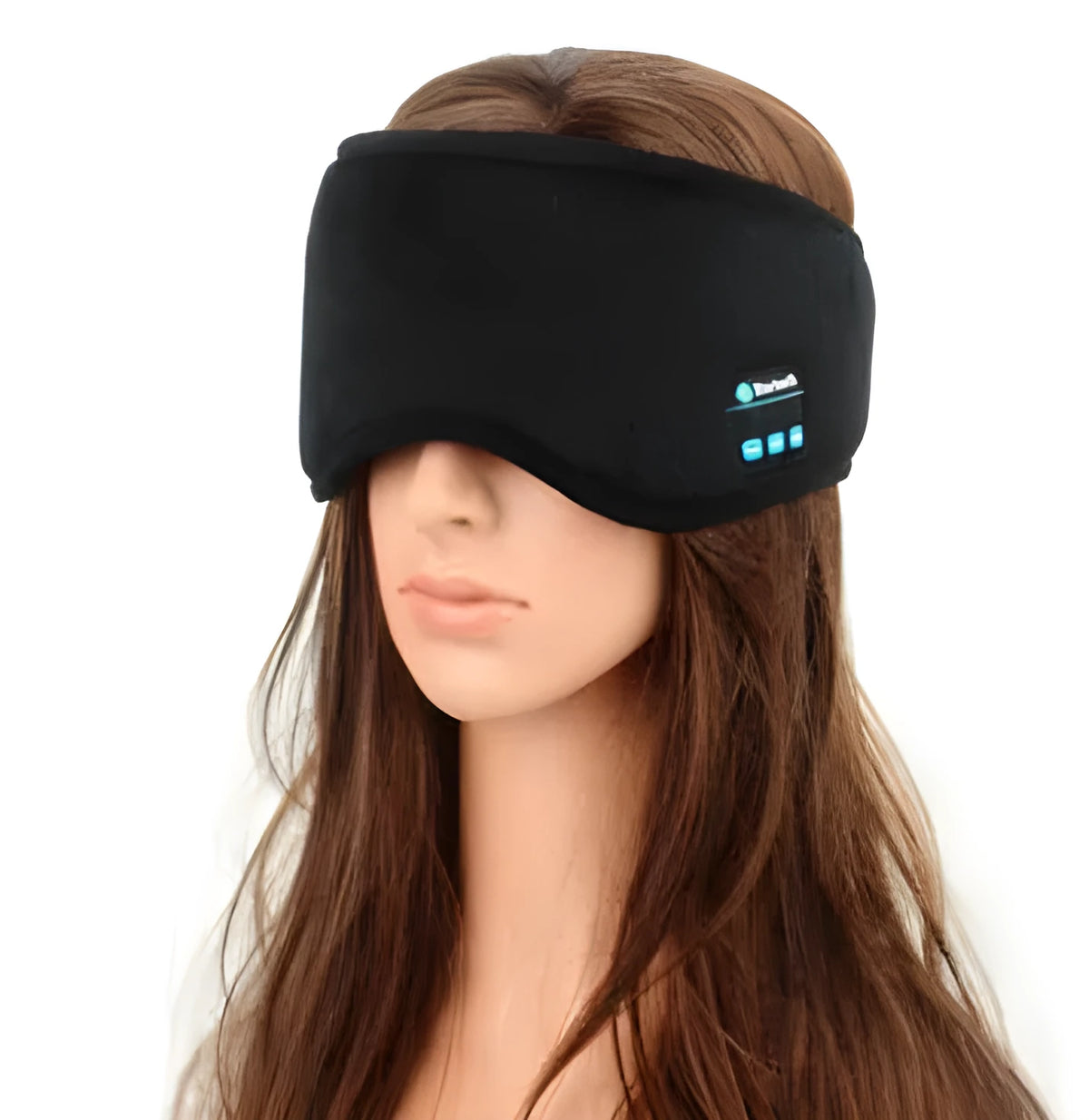 Black Bluetooth music sleep eye mask with integrated earphones showing streamlined design and nose bridge fitting