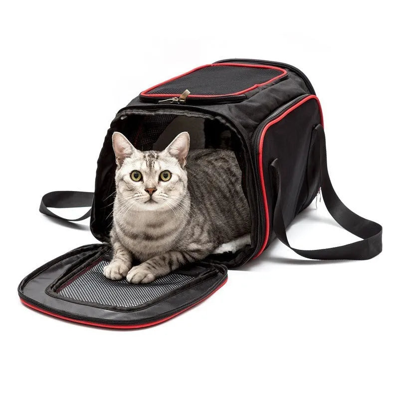 Black pet trolley bag with grey-blue border, mesh panels, size 46x28x28cm for pets up to 7.5kg