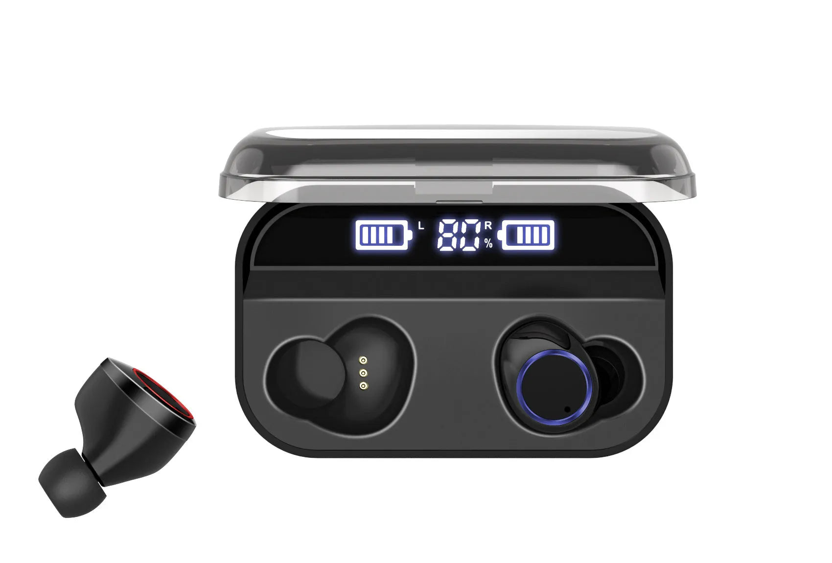 Black X11 Bluetooth wireless earbuds with touch controls and charging case with optional wireless charging