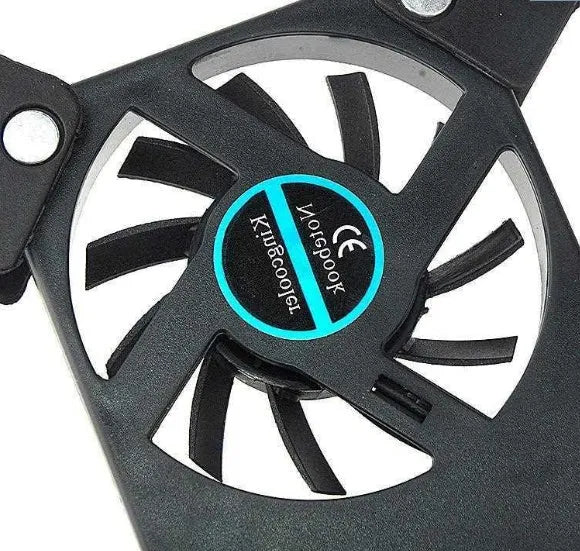 Foldable USB laptop cooling pad with two 6cm fans, alloy body, anti-slip feet, open size 27 x 18 x 2.2cm
