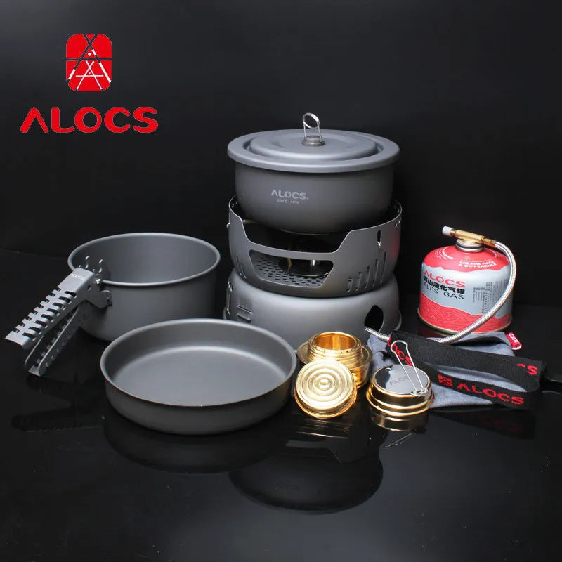 Alocs aluminium camping pot set with foldable handles and nested cooking pots