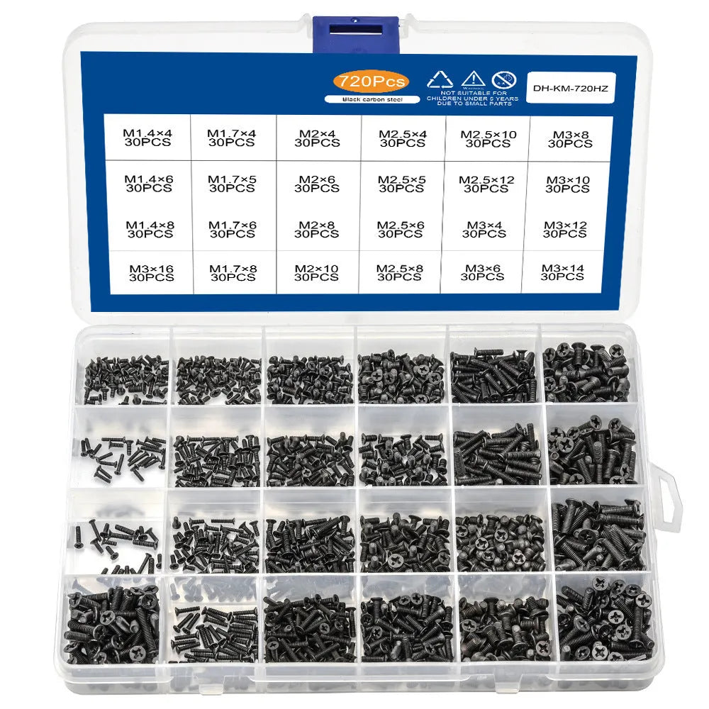 Box of small black countersunk head machine screws for laptop and electronics repair.