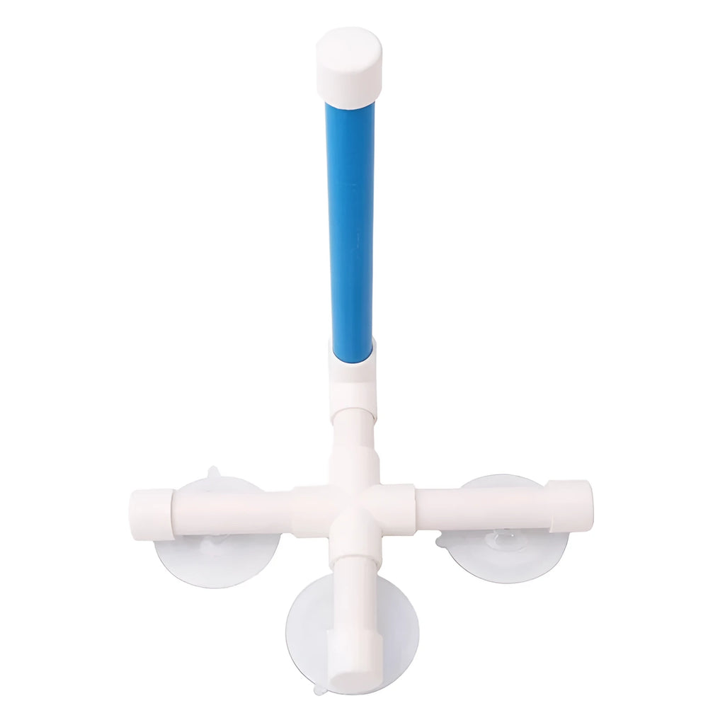 White plastic parrot bath shower stand with three suction cups folded flat on table showing 22x18x24cm dimensions