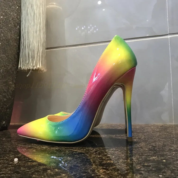 Rainbow patent leather women's high heels with pointed toe and stiletto heel