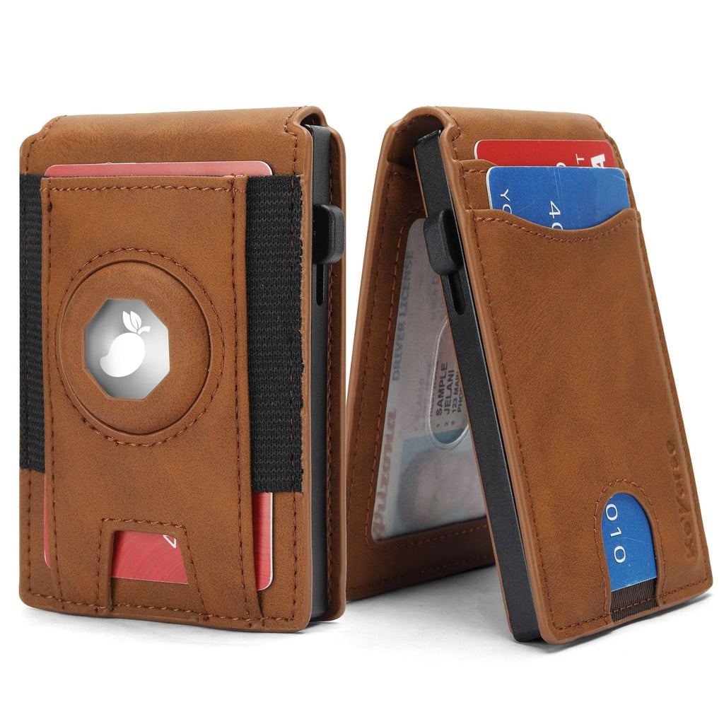 Men's synthetic leather card holder wallet with RFID blocking in light brown, dark brown, and black colours