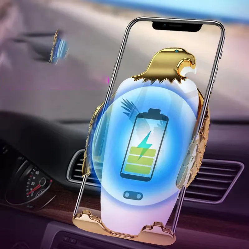 Wireless charging car phone holder with suction cup and Eagle style grip in black and gold.