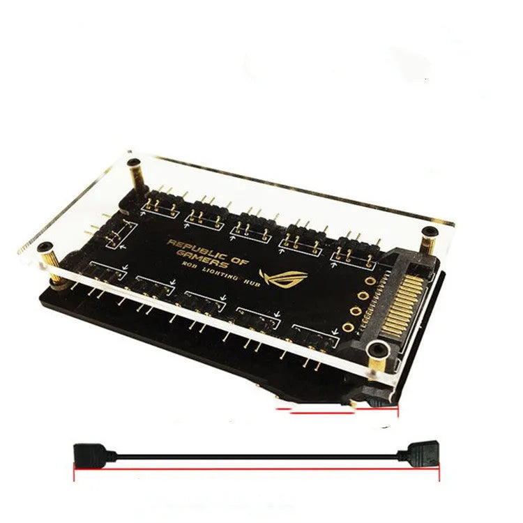 Black RGB hub splitter with SATA power supply and up to 10 ports for 5V PC lighting
