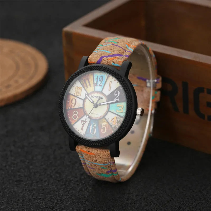 Women's vintage casual leather strap quartz watch with 37mm round dial