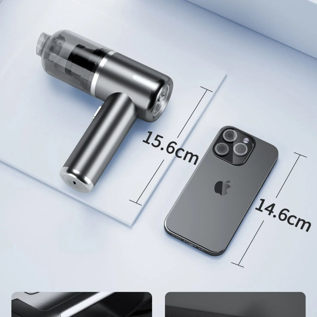 Dark grey handheld car vacuum cleaner with brush nozzle and Type-C charging cable