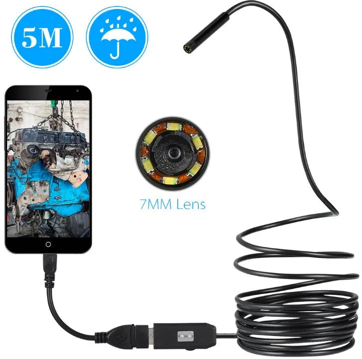 OWSOO USB endoscope camera with 5m cable, adjustable LEDs, hook, magnet, and side mirror attachments