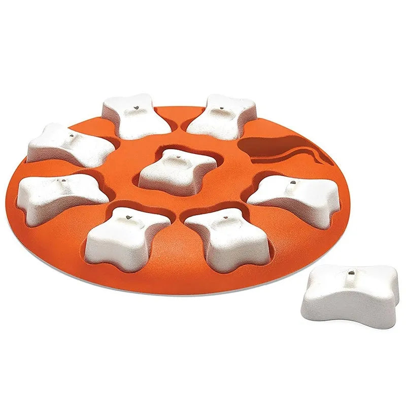 Orange and white plastic leak food toy for pets, interactive treat dispenser for dogs and cats