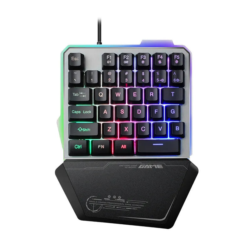 Black robotic one-handed gaming keyboard with RGB backlight and 1.8 metre USB cable