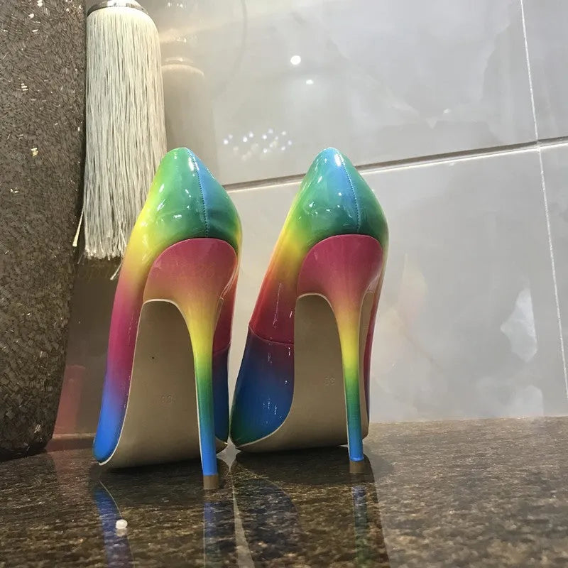 Rainbow patent leather women's high heels with pointed toe and stiletto heel