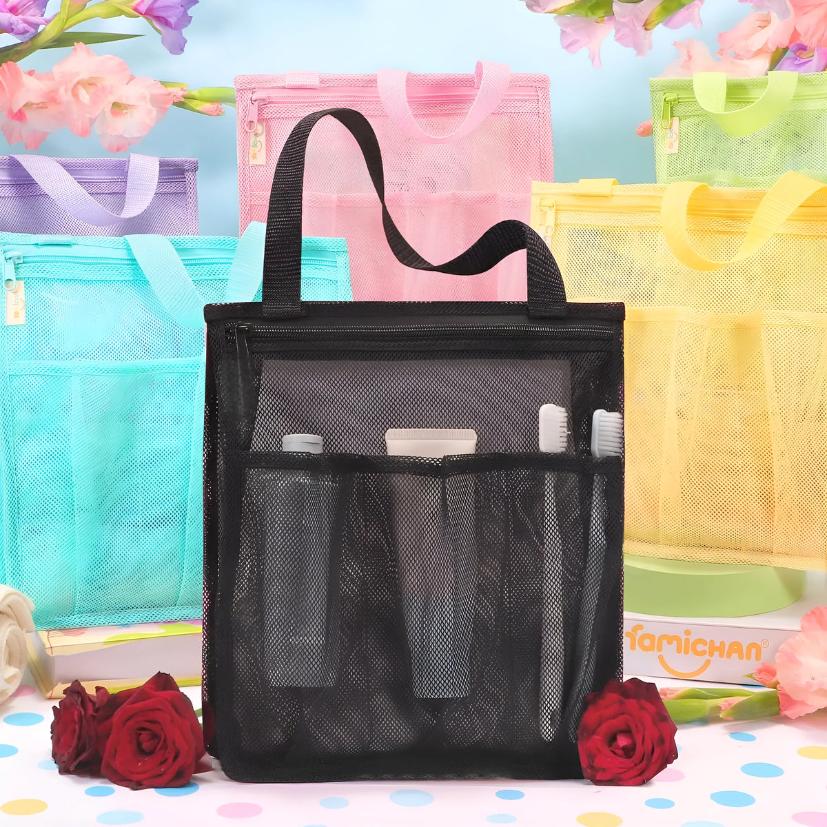 Black swimming gym bag with dry wet separation compartments and mesh net pocket