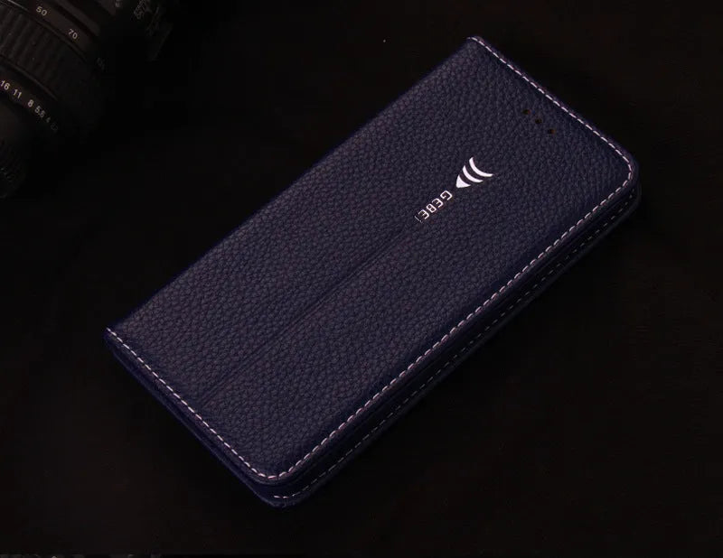 PU leather wallet phone case for iPhone with card slots in black, blue, brown, khaki, and pink colours.