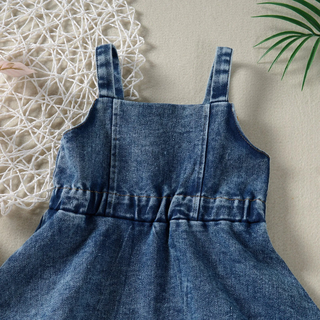 Baby girl cotton denim strap dress in casual suspender skirt style, sizes 80cm to 120cm