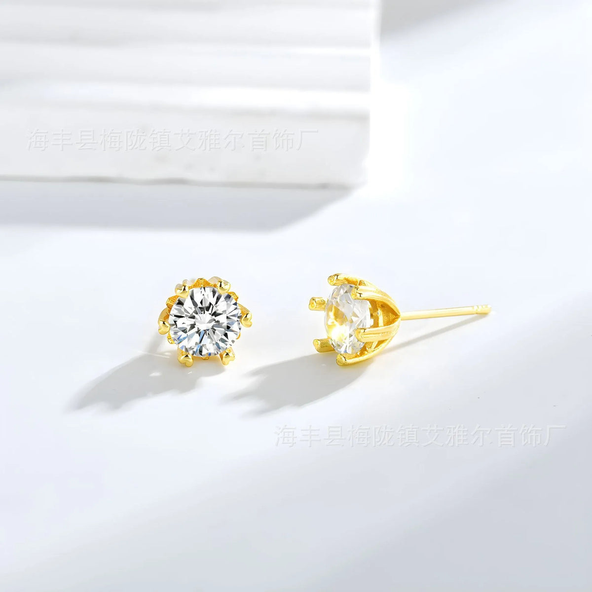 Brass zircon heart shape stud earrings with six claw setting in silver and gold pair