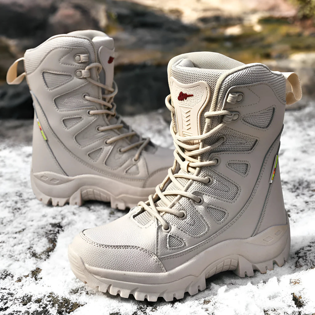 Men's cowhide hi-top hiking platform shoes in black colour for outdoor activities