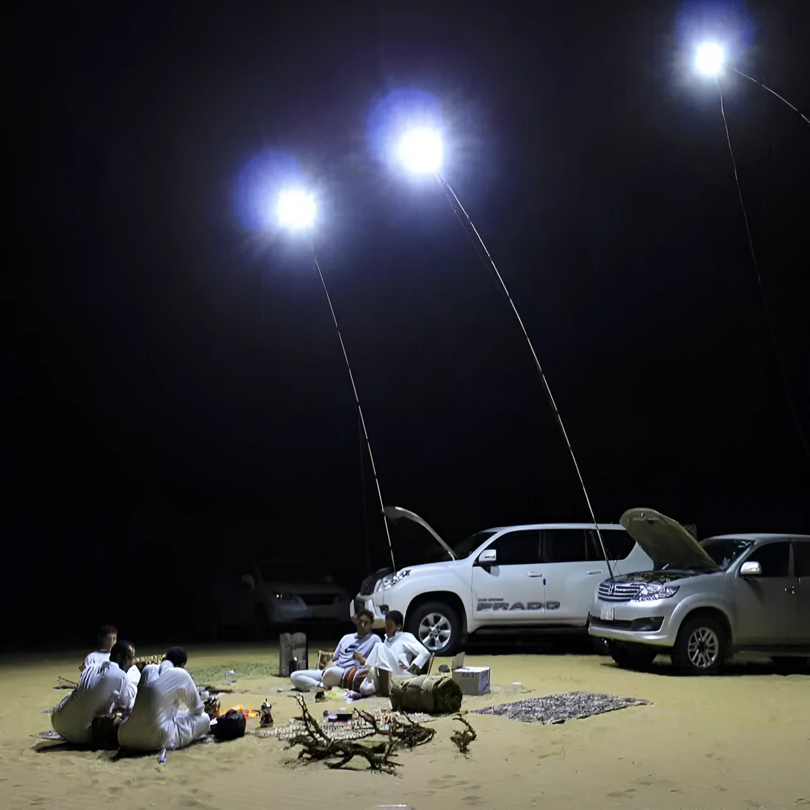 White LED fishing rod light mounted on a telescopic pole with remote control for outdoor use.