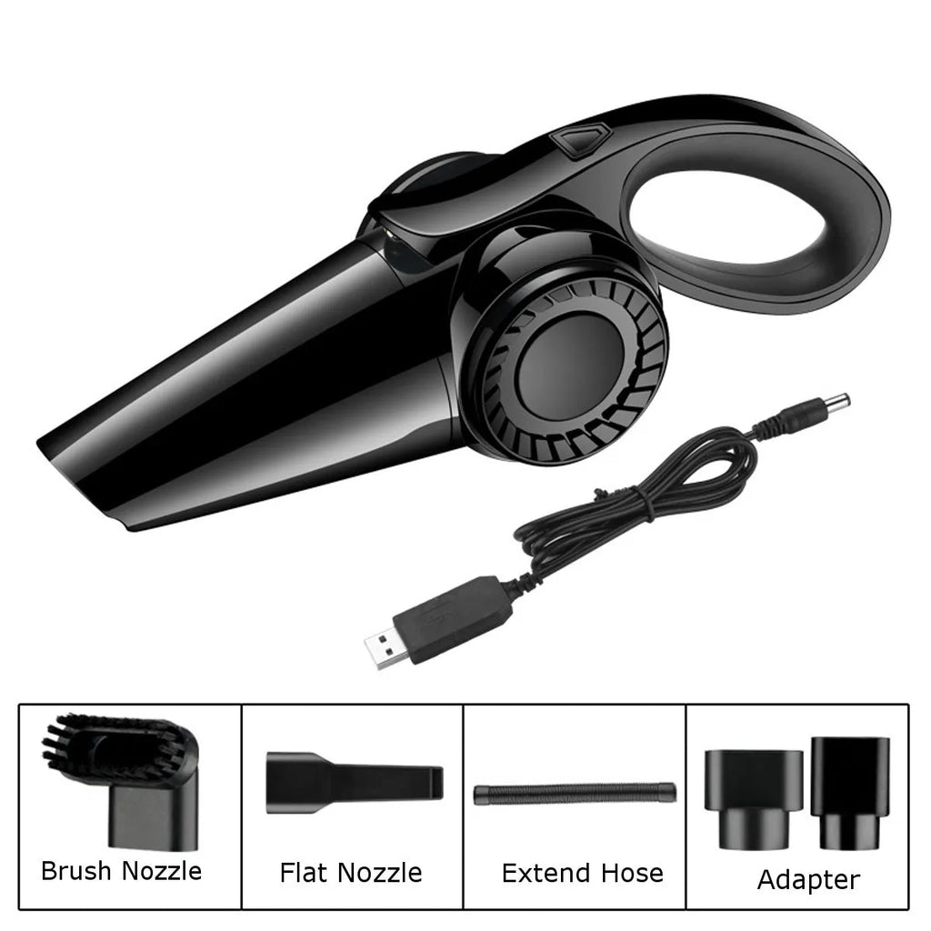 Portable handheld wet and dry vacuum cleaner in black, red, or grey, 560g, 35x9x9cm, with 4.5m cord and USB charging.