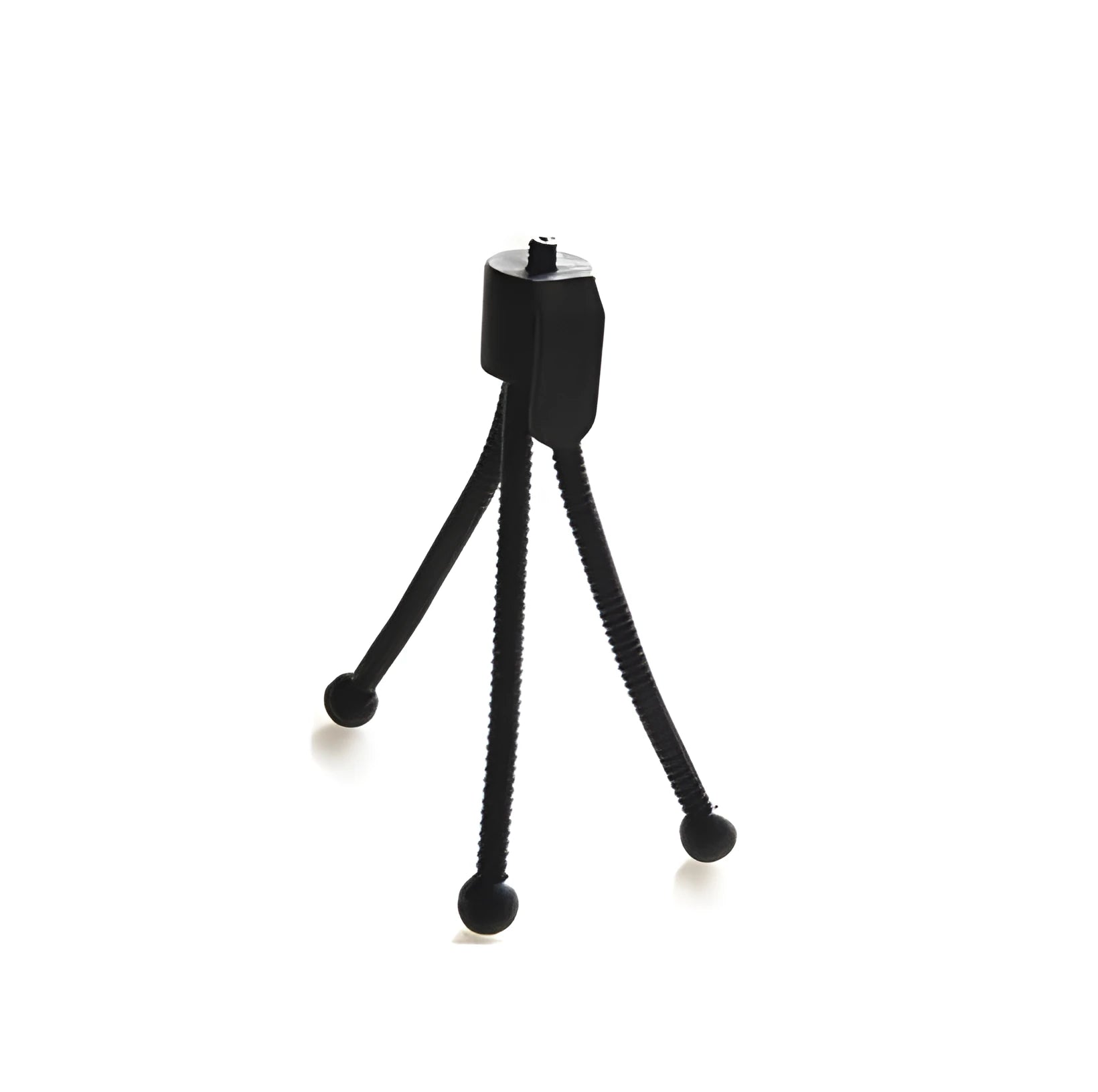 Small silver mini tripod with ball head shown extended on a desktop next to a mobile phone.