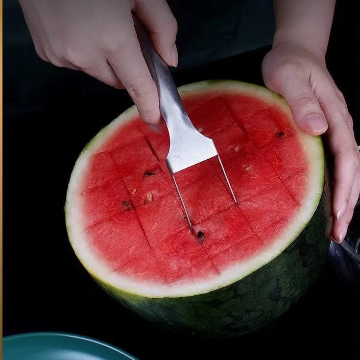2-in-1 stainless steel watermelon slicer fork 26cm silver kitchen fruit cutting tool