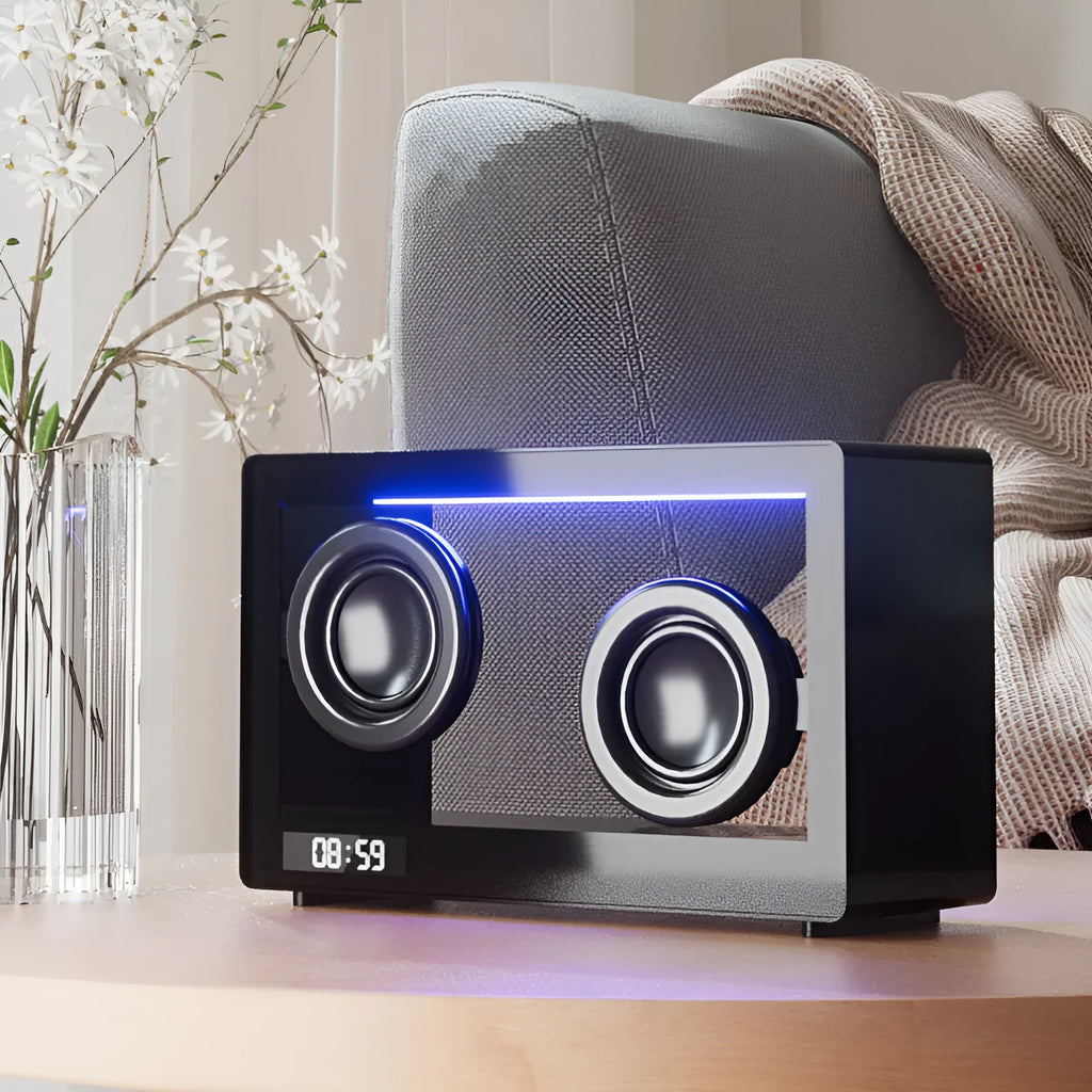 Transparent compact M9 dual speaker wireless Bluetooth speaker in white with touch controls