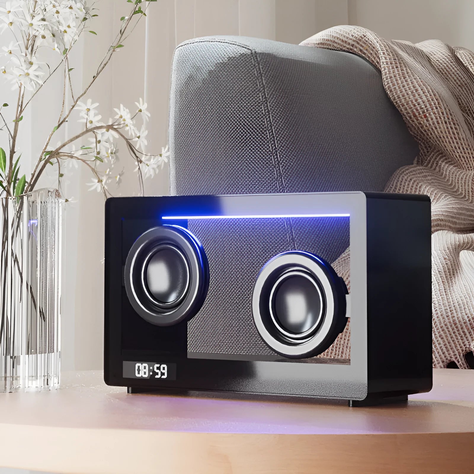 Transparent compact M9 dual speaker wireless Bluetooth speaker in white with touch controls