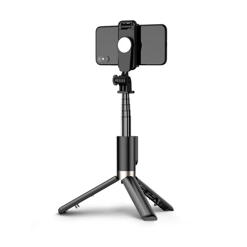 Aluminium alloy folding selfie stick desktop stand in black with wireless remote control and detachable fill light.