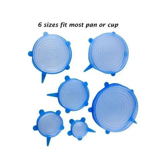 Scute Lids reusable silicone stretch lids in round and square shapes, various sizes and colours including blue, green, pink, white and yellow.