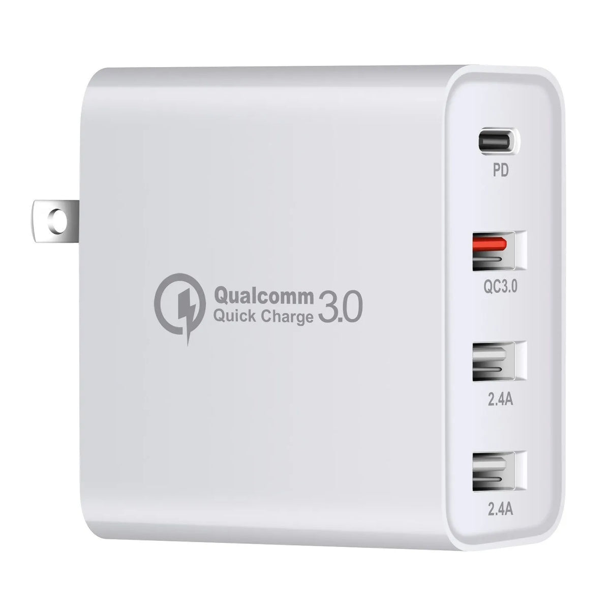 Black 48W four-port USB-C wall charger with multiple international plug adapters