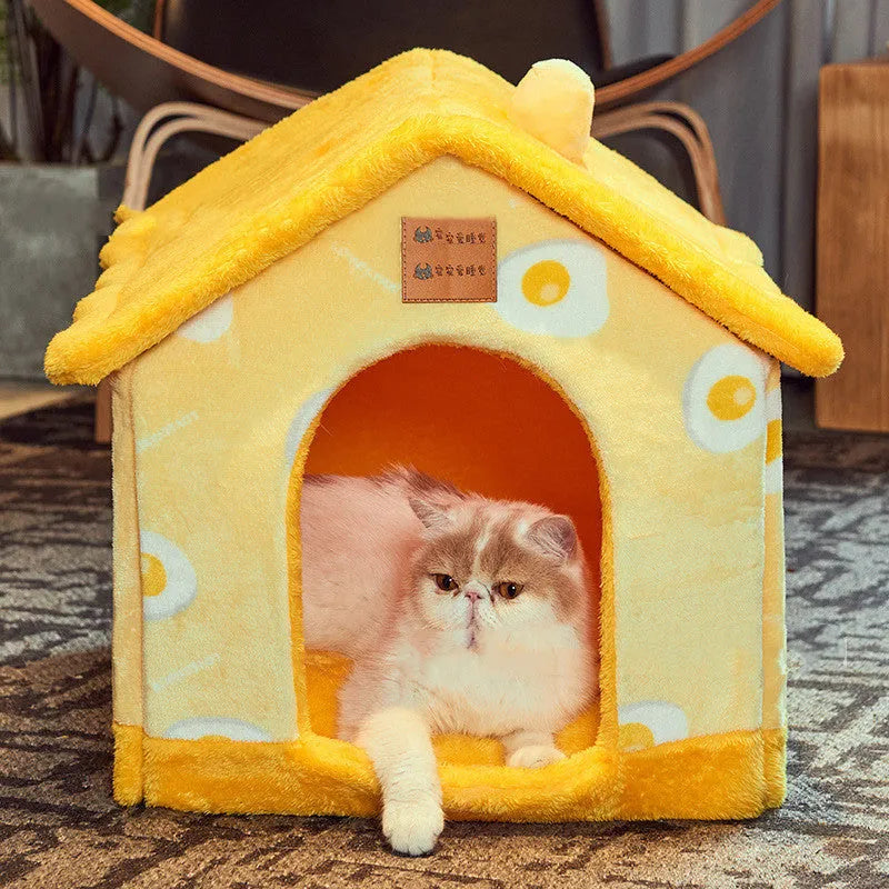 Removable washable closed dog house for small dogs and cats in brown rabbit plush