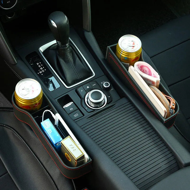 Car storage box in leather and plastic, shown in beige, black, brown, or red with left, right, or one pair options