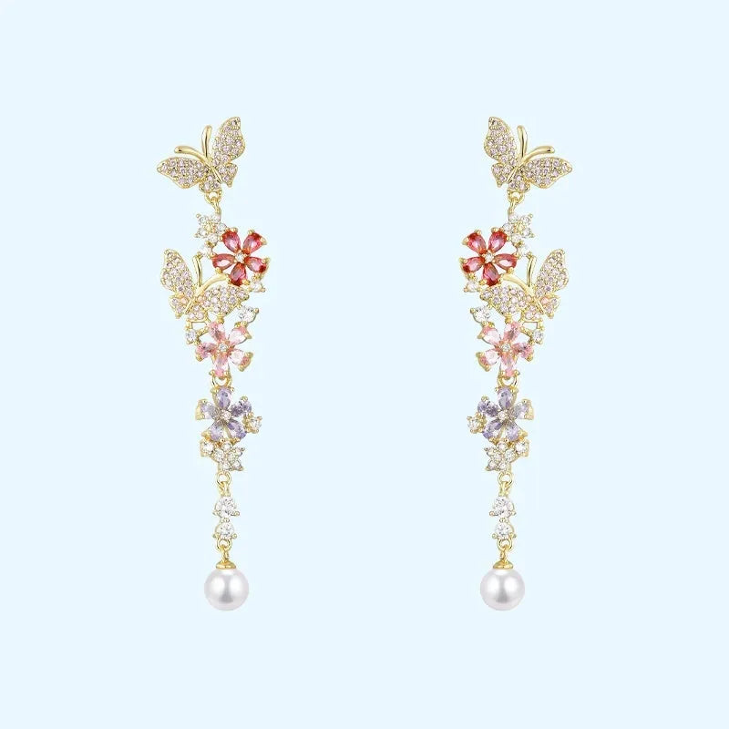 Butterfly flower detachable multicolor zircon pearl earrings with 925 silver needle stud or spiral clip on environmentally friendly brass