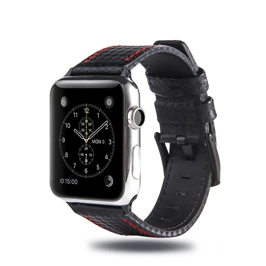 Carbon fibre and leather strap for iPhone watch with PC hard case in black, blue, orange, and red colour options.